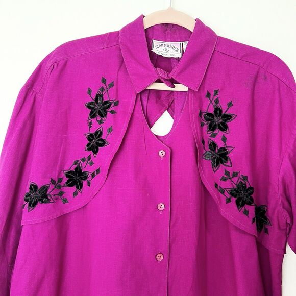 Side Saddle Vintage Western Women’s Button Up Shirt Fuschia Pink Black Flowers L - Picture 1 of 10